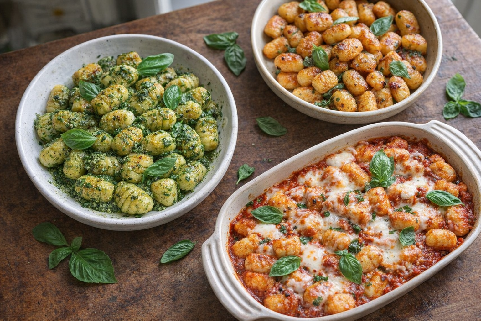 A birds-eye-view of gnocchi prepared using three different methods: boiled and tossed with pesto, pan-fried until golden brown, and baked with marinara and mozzarella, all beautifully plated with fresh basil